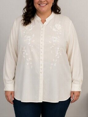 Vintage Carry Back Size 18 Ivory Floral Embroidered Blouse Button Front